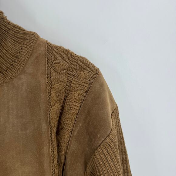 Lorenzino Brown Knit Turtleneck Sweater Suede Leather Trim Cable Knit Size Large - Picture 6 of 8